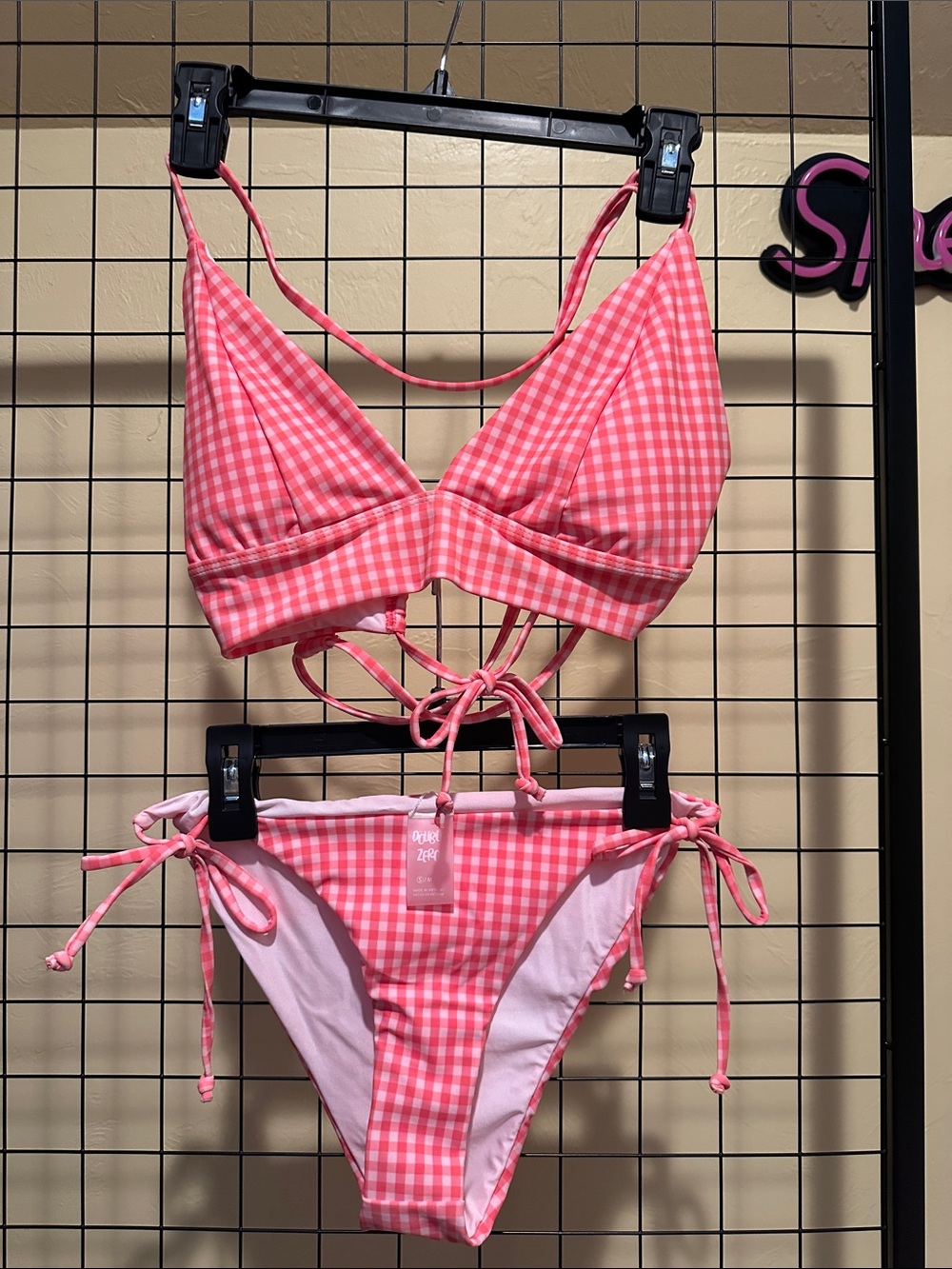 Pink/Peach Gingham Print Tie-Back Bikini Set